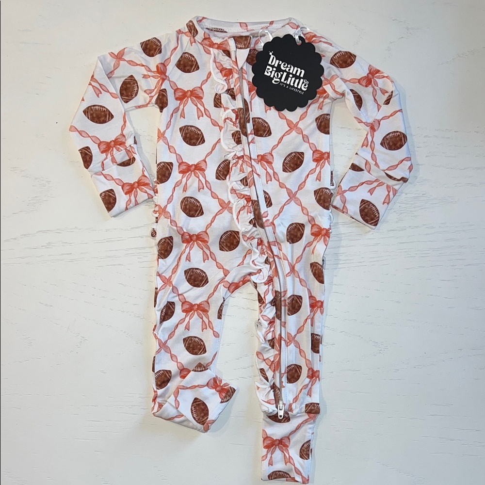 Dream Big Little Co. Bows Football Print Convertible Romper Footie